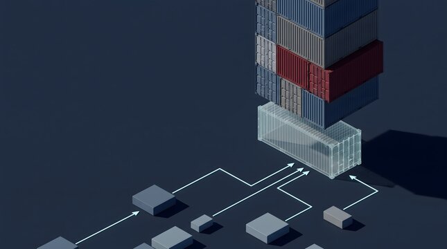 Isometric 3D cargo shipping containers stacked with glowing supply chain logistics arrows showing package distribution and freight tracking