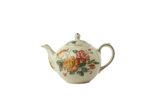 A classic porcelain teapot featuring a delicate hand-painted floral with red and yellow roses, isolated on a white background