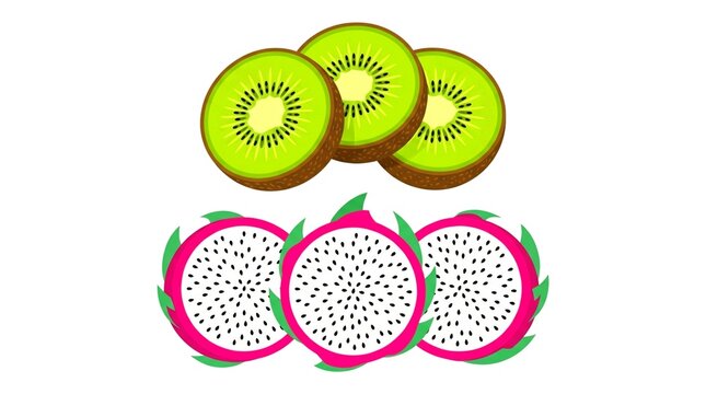 Exotic fruit slices featuring kiwi and dragonfruit for tropical food compositions.