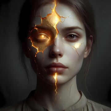 A conceptual portrait of a woman with a crack running down the center of her face, revealing a glowing, golden inner light beneath her skin, Ai generated image
