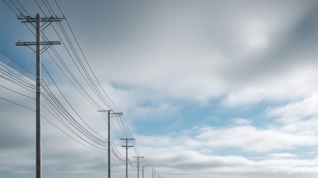 Tall electric poles and power lines stretching across a cloudy sky