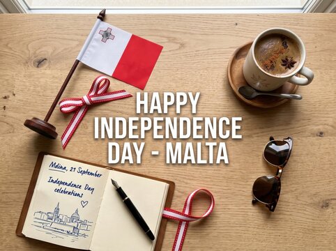 Malta independence day flat lay with national flag coffee cup sunglasses and open notebook with handwritten notes and on a wooden table surface