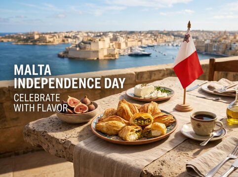 Maltese pastizzi pastries served on a stone dining table with a small malta flag overlooking the grand harbour in valletta with figs and coffee