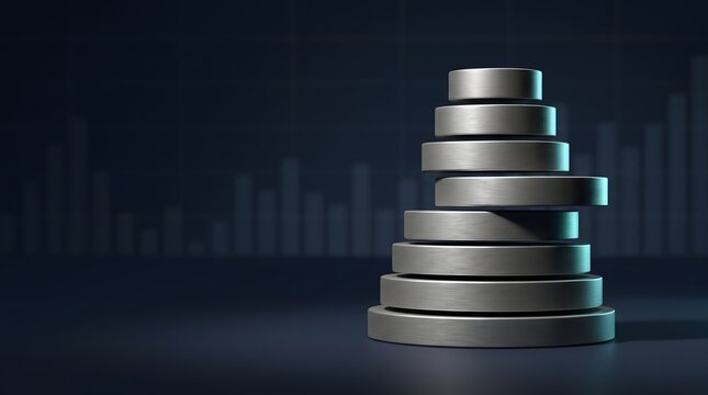 3D render of stacked silver metal discs representing database storage and financial growth with background data charts
