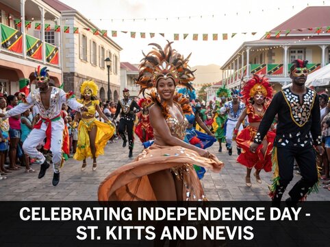 Masquerade dancers in vibrant costumes performing in a street parade during st kitts and nevis independence day celebration with colonial buildings and festive bunting in the background