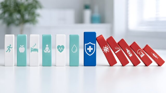 Blue Medical Shield Block Halting Falling Threat Dominoes For Healthy Lifestyle