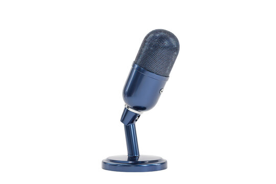 A vintage style metallic blue microphone with a mesh head and round base, standing on a white background, used for audio recording tasks