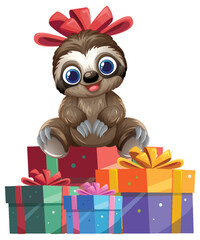 Naklejka premium Adorable Vector Sloth Character Sitting on a Pile of Birthday Presents