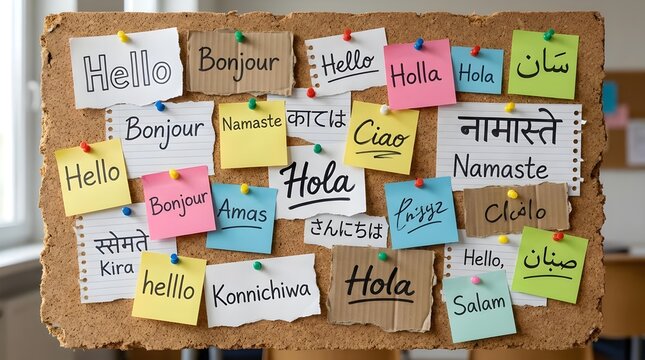 Foreign Language Greeting Notes Pinned on Board