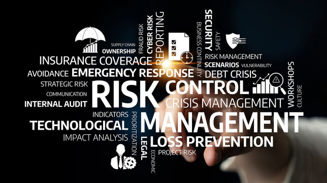 This image depicts the essential components of risk management, emphasizing control, crisis response, and strategic planning within a professional environment. Tessel
