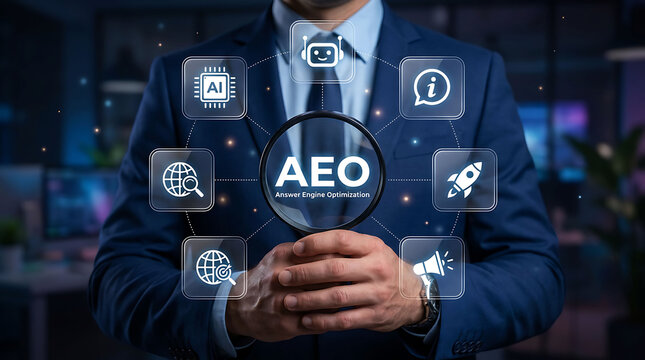 Businessman Holding Magnifying Glass Revealing Answer Engine Optimization AEO