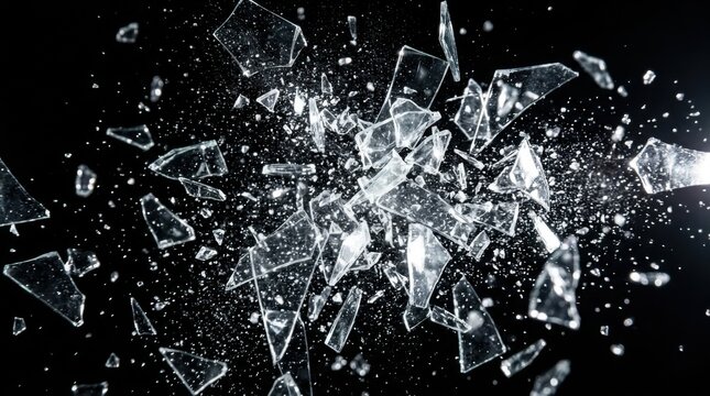 Exploding glass shards flying through the air on a black background.