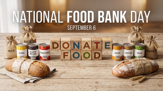 National food bank day concept with wooden blocks spelling donate food surrounded by canned goods bags of rice and pasta and loaves of crusty bread on a rustic wooden table