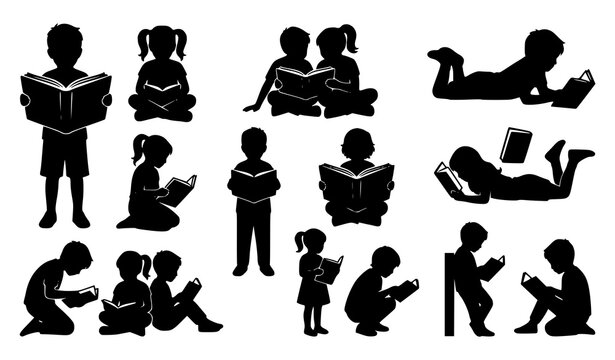 Children Reading Books Black Silhouette Vector Character Set