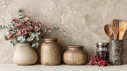 Fototapeta premium Rustic Wooden Vases with Botanical Arrangement on Textured Wall