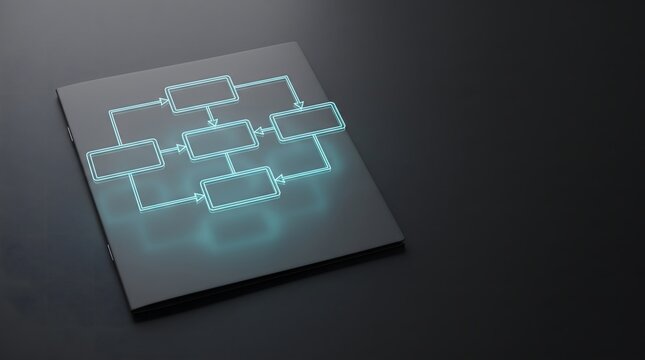 Glowing blue flowchart diagram projected on a black notebook cover for business process management and workflow planning