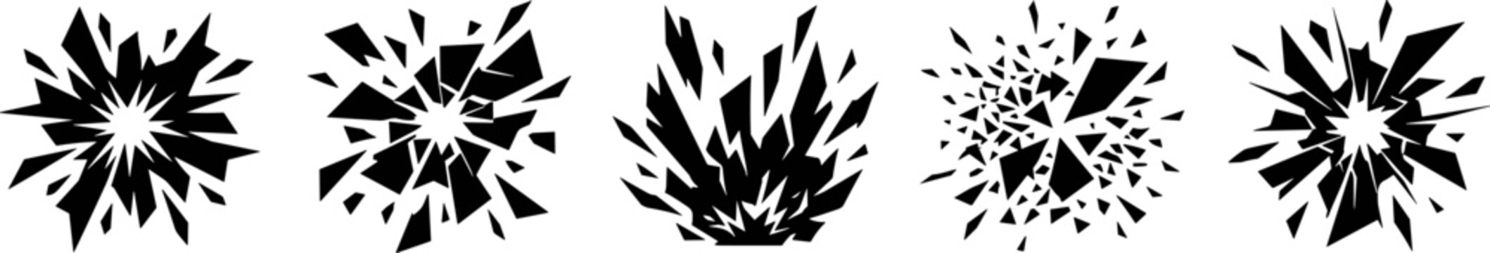 Black and white vector illustrations of glass shattering and explosive impact effects