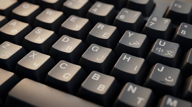 Keyboard with Multilingual Language Symbols Close Up