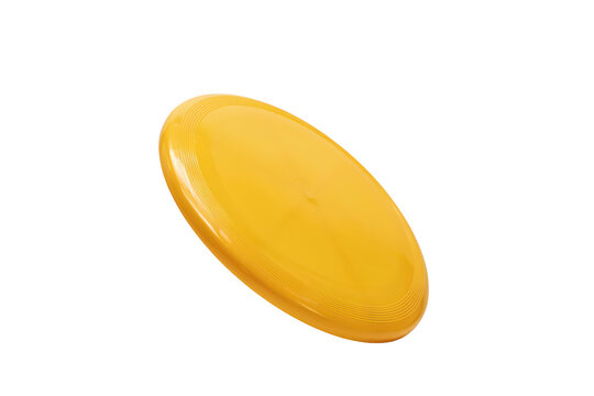 A vibrant yellow plastic frisbee disc captured from an angled perspective, isolated on a black background, active outdoor recreation
