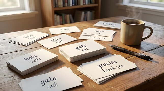 Language Learning Flashcards on Study Table