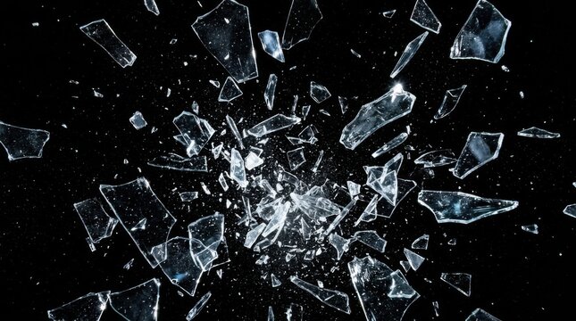 Exploding glass shards flying through the air on a black background.