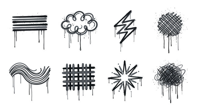 Collection of black spray paint graffiti elements with dripping effect on white background, perfect for street art design, urban branding and creative poster background