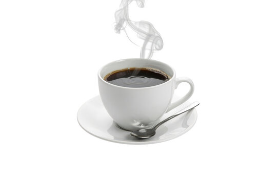 A white ceramic coffee cup and saucer with a silver spoon, featuring a swirling steam shape resembling a woman, isolated on black background