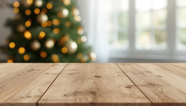 Rustic empty wooden table surface with blurred Christmas tree and golden bokeh lights for winter holiday mockups and ads.
