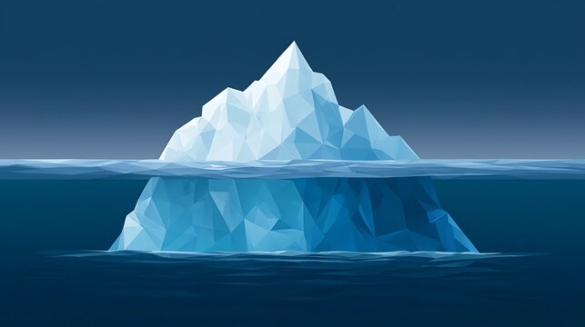 Low poly iceberg floating in deep blue ocean water with visible underwater part. Ideal for business concept and data visualization background.