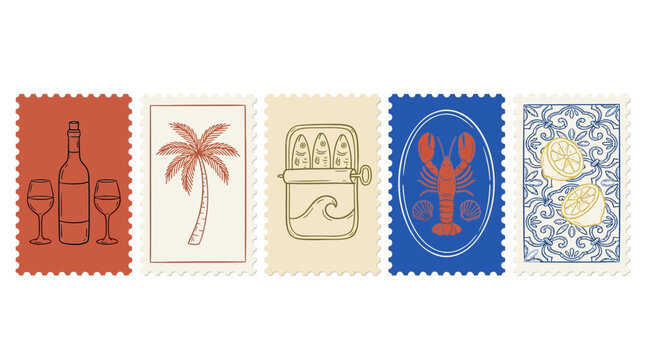 Set of vintage mediterranean postage stamps featuring wine, palm tree, sardines, lobster and lemons on colorful backgrounds, perfect for travel branding, restaurant menus and summer postcards