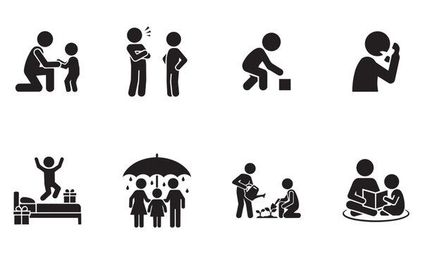 Parental and child relationship icons depicting teaching playing discipline communication gifting under umbrella gardening and family meal times isolated symbols.