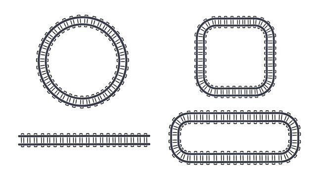 Railway track set with circle square straight and oval shapes isolated on white background, perfect for logistic infographic, transport design and educational material