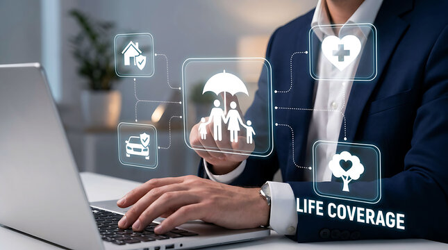 Insurance agent using laptop with digital family protection coverage graphics