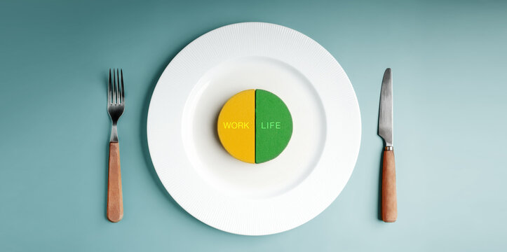 White plate divides WORK and LIFE into two colored halves, symbolizing balance, priorities, time managemen