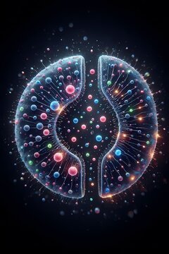 A neurons scene showing a microscopic view of a synapse with neurotransmitters being released, represented as glowing, colorful bubbles, Ai generated image