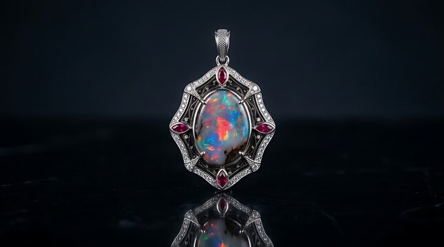 Exquisite Opal and Diamond Pendant Necklace on Dark Reflective Surface
