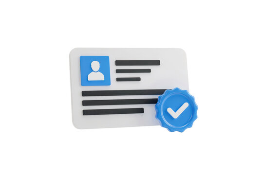 A3d rendered identification card with a blue user profile and a blue circular badge with a white checkmark, isolated on black background