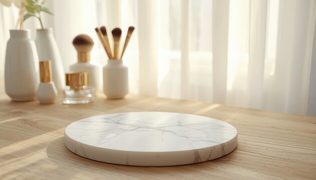 Round white marble podium on wooden table in bright sunlit room with makeup brushes for cosmetic product display banner