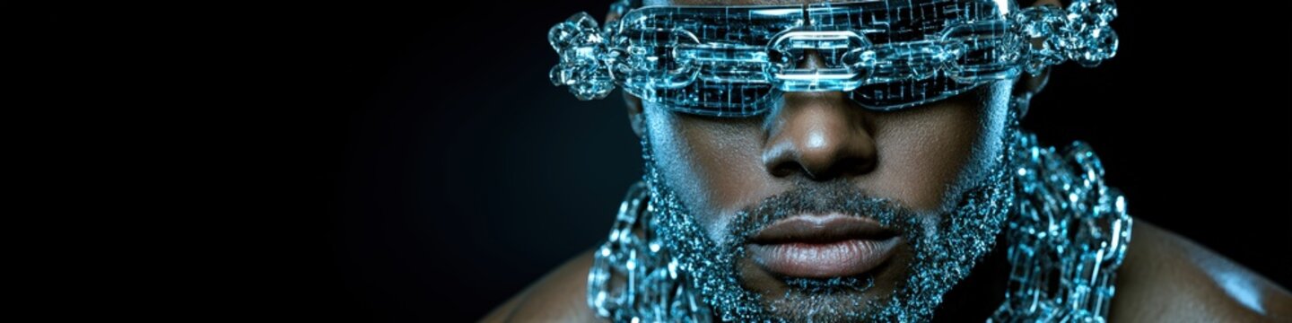 Human face formed by unbreakable glowing cryptographic glass chain with pitch black minimalist background on the left for vast copy space.