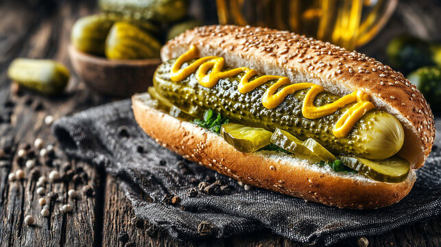 Savory hot dog in a sesame bun with mustard and pickles on dark cloth fast food street food