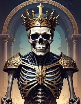 A regal skeleton wearing an ornate golden crown and armor stands in a grand archway, blending macabre with majestic fantasy art.