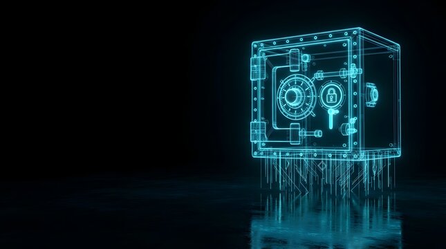 Futuristic Digital Safe with Glowing Lock on Dark Background