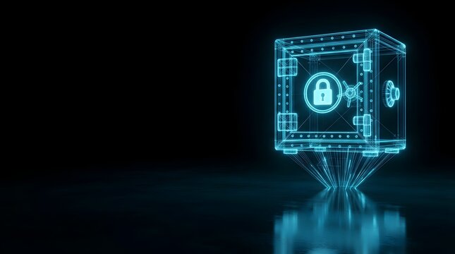 Futuristic Digital Safe with Glowing Lock on Dark Background
