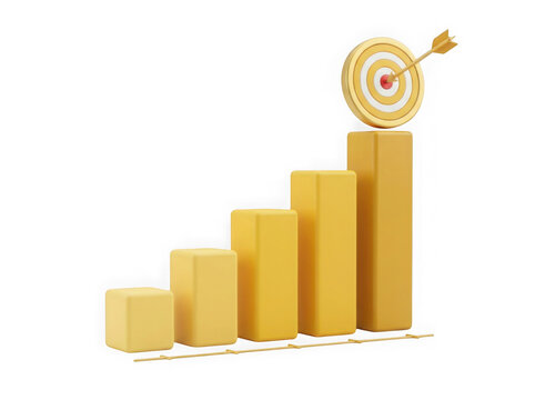 3d yellow bar chart with a target icon on top for business success isolated on transparent background