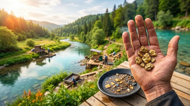 Hand Holding Gold Nuggets against Scenic Landscape of a River with Miners Working in the Background during Sunrise