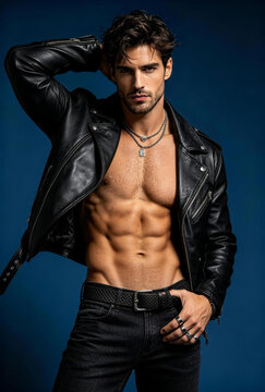 Handsome macho man in black leather jacket with silver jewelry, muscular torso, deep blue studio background, mafia romance book cover