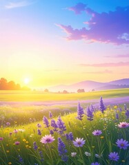 Obraz premium A vibrant sunrise illuminates a blooming meadow filled with purple and white wildflowers against distant hills and a colorful sky.