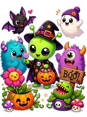 Obraz premium a collection of cute chibi monsters celebrating Halloween. At the center stands a friendly green alien dressed as a witch holding a pumpkin candy bucket, surrounded by fluffy monsters.