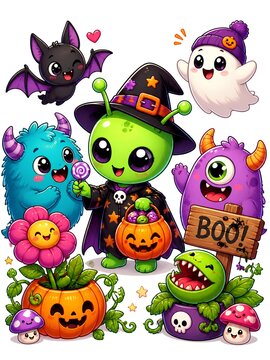 a collection of cute chibi monsters celebrating Halloween. At the center stands a friendly green alien dressed as a witch holding a pumpkin candy bucket, surrounded by fluffy monsters.