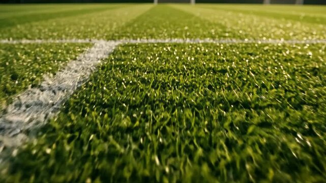 Closeup of artificial green grass sports field with white line.